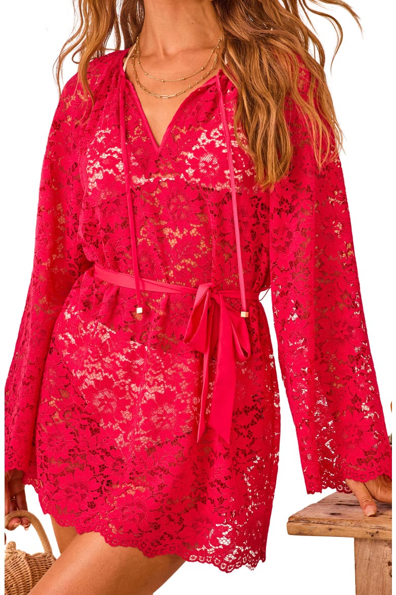 Marisole Tie Waist Long Sleeve Lace Cover-Up Minidress, Alternate, color, MAGENTA