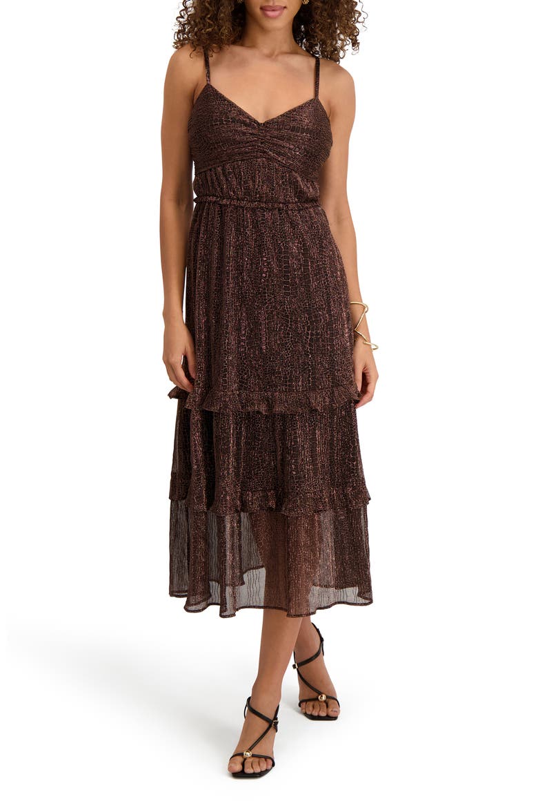 Shimmer Tiered Midi Dress, Main, color, COPPER