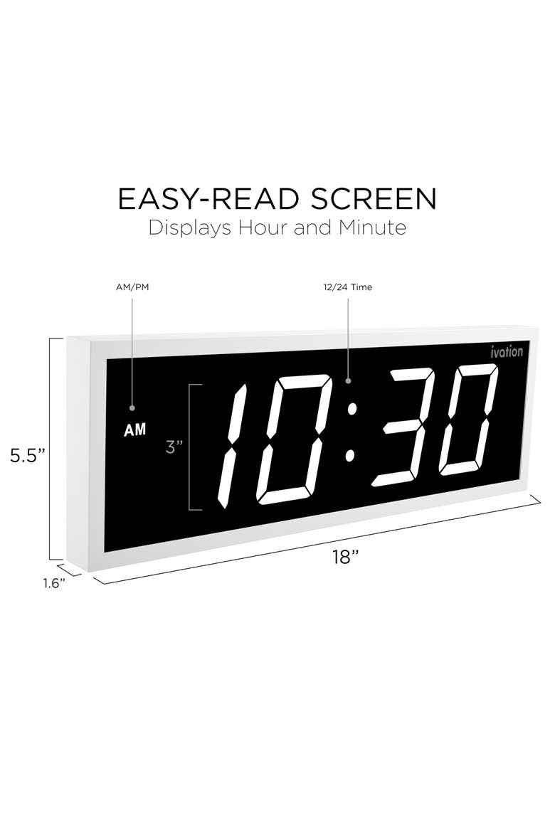 Digital Wall Clock, Big LED Display, Timer, Alarms, Auto Brightness, Remote, Alternate, color, White