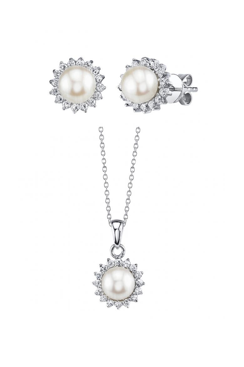White Freshwater Cultured Pearl & Cubic Zirconia Ariela Jewelry Set, Main, color, White Pearls