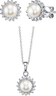 The Pearl Source White Freshwater Cultured Pearl & Cubic Zirconia Ariela Jewelry Set