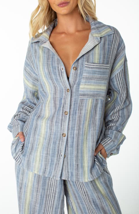Lets Get Away Striped Cotton Button-Up Shirt
