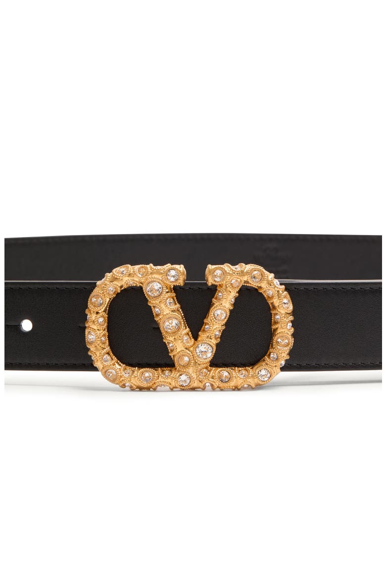 Crystal Embellished VLOGO Leather Belt, Alternate, color, BLACK/ CRYSTAL