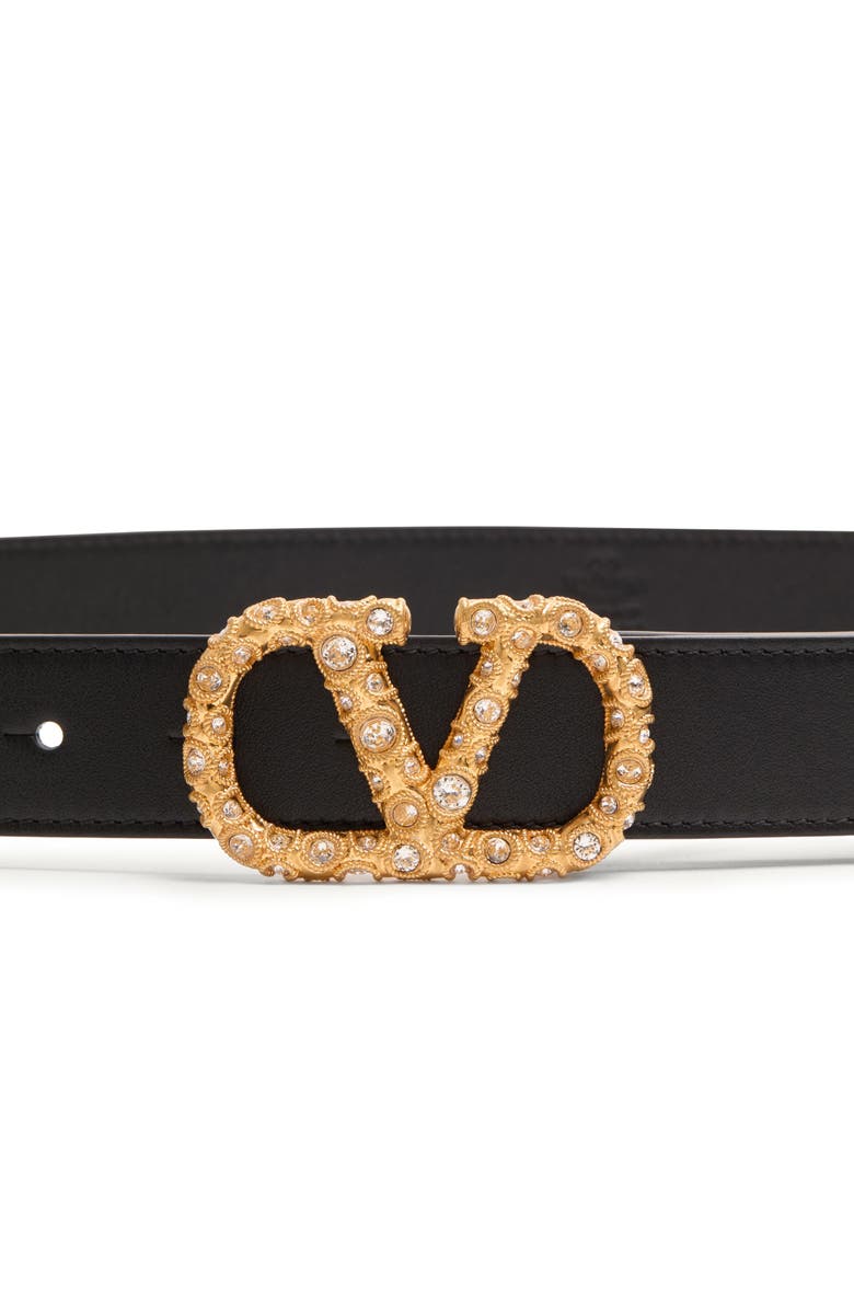 Valentino Garavani Crystal Embellished VLOGO Leather Belt, Alternate, color, Black/ Crystal
