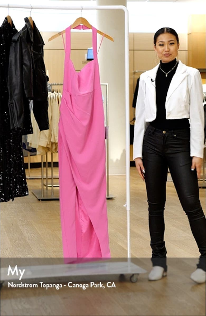 Halter Neck Stretch Satin Crepe Sheath Gown, sales video thumbnail