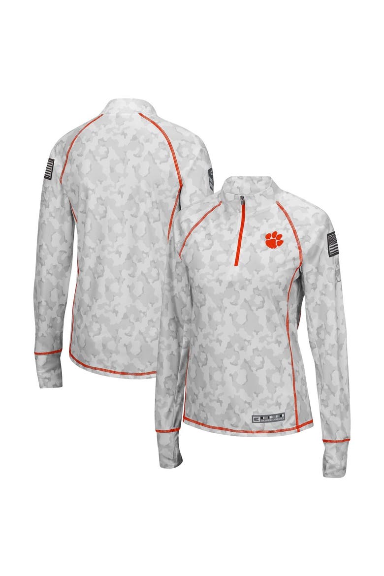 Women's Colosseum White Clemson Tigers OHT Military Appreciation Officer Arctic Camo Fitted Lightweight 1/4-Zip Jacket, Main, color, White