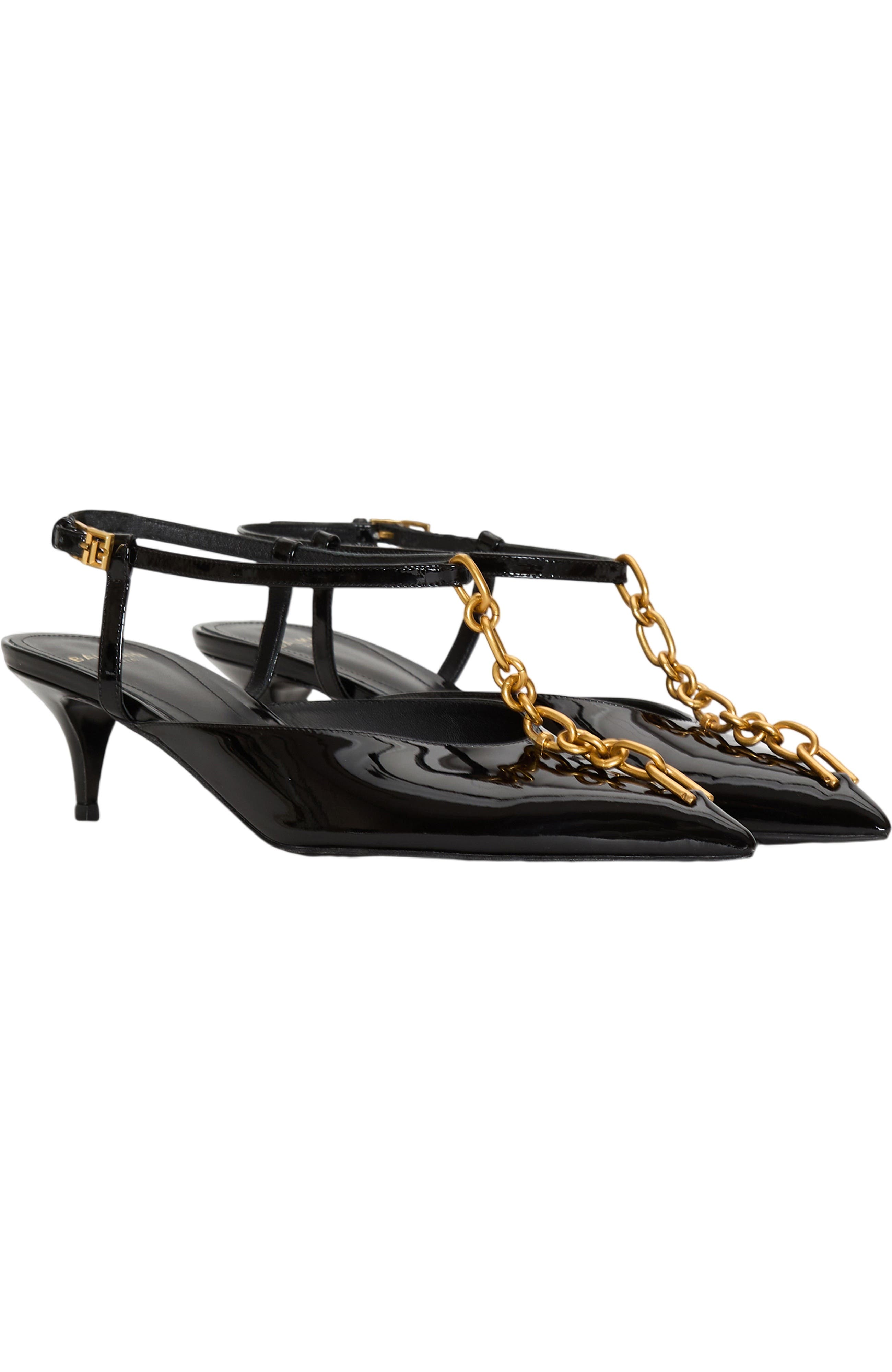Balmain Sync chain kitten slingbacks in patent leather, Main, color, Black