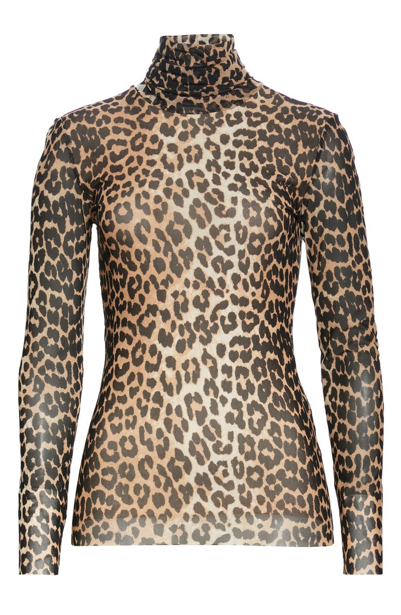 Ganni Animal Print Mesh Turtleneck Top, Alternate, color,