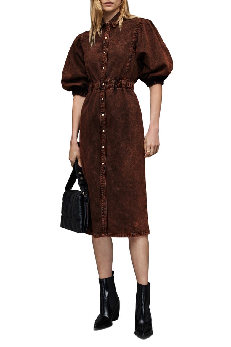 Osa Puff Sleeve Denim Midi Shirtdress, Alternate, color, ACID BROWN