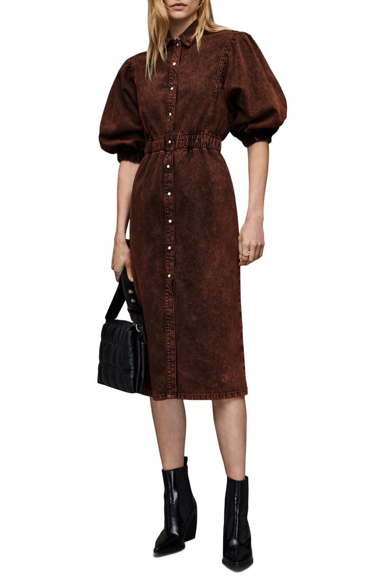AllSaints Osa Puff Sleeve Denim Midi Shirtdress, Alternate, color,