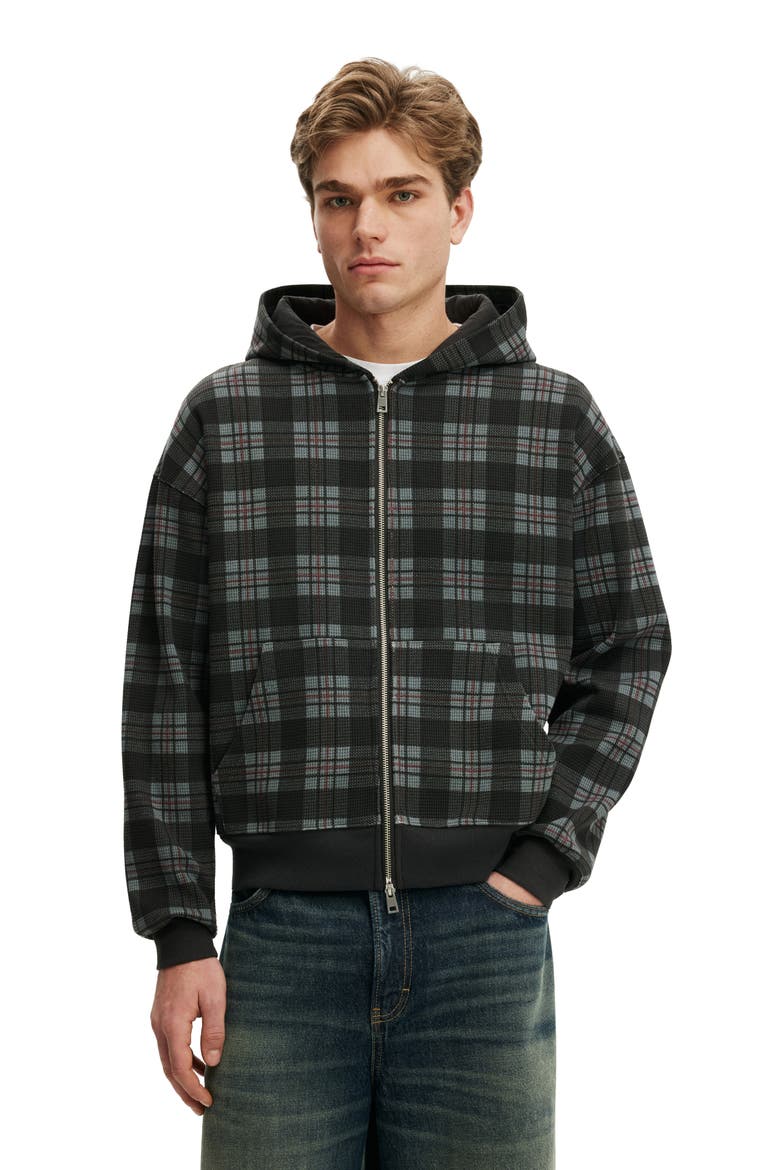 Men's Zip Up Hoodie, Main, color, Washed Black Check