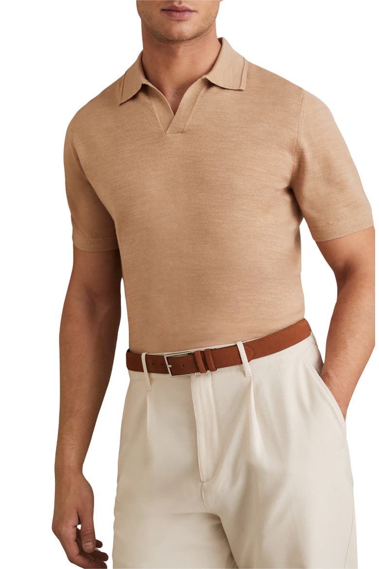 Duchie Short Sleeve Merino Wool Polo Sweater, Main, color, CAMEL MELANGE