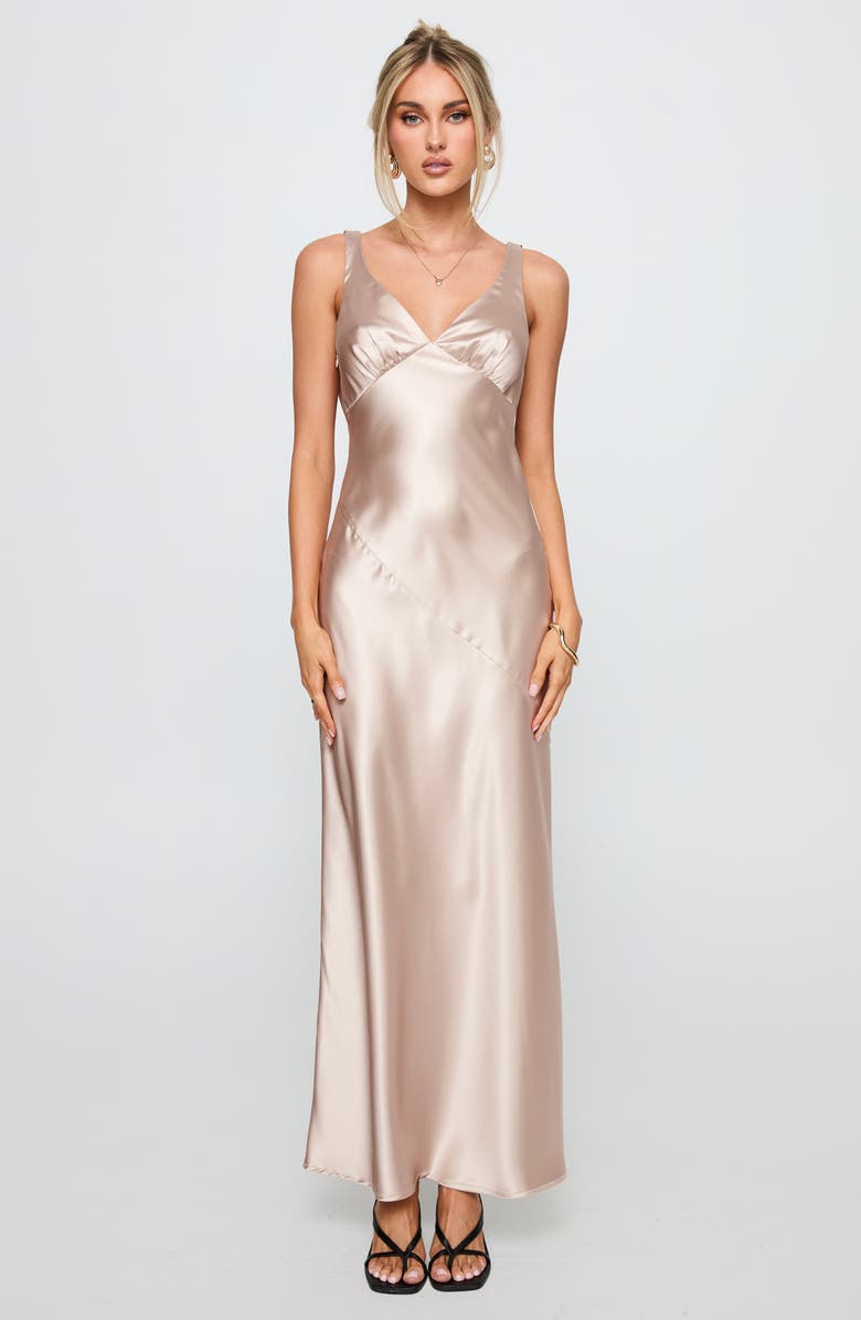 Princess Polly Northern Star Open Back Satin Gown, Alternate, color, Champagne