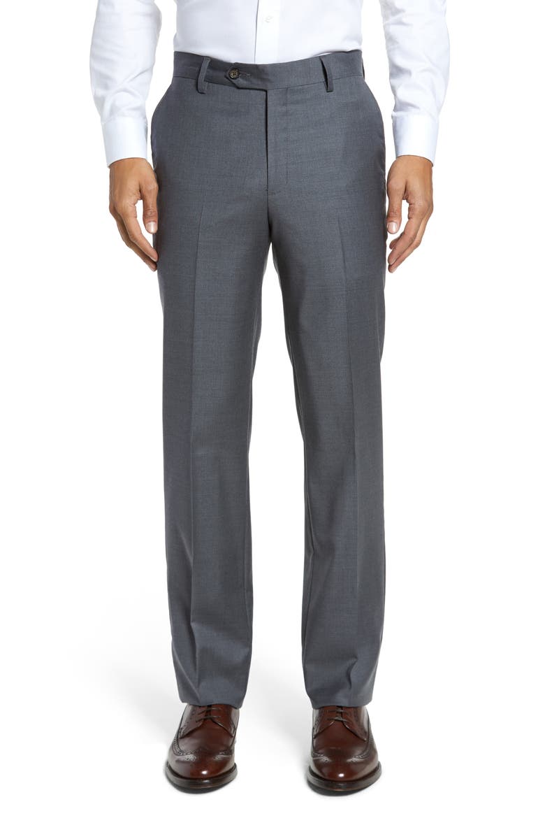 Flat Front Modern Fit Gabardine Stretch Wool Trousers, Main, color, MEDIUM GREY