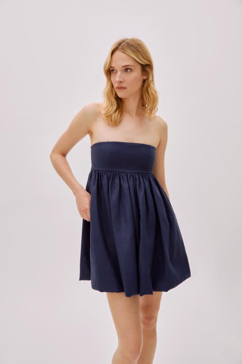 Labeca London Mykono Linen Strapless Dress In Blue