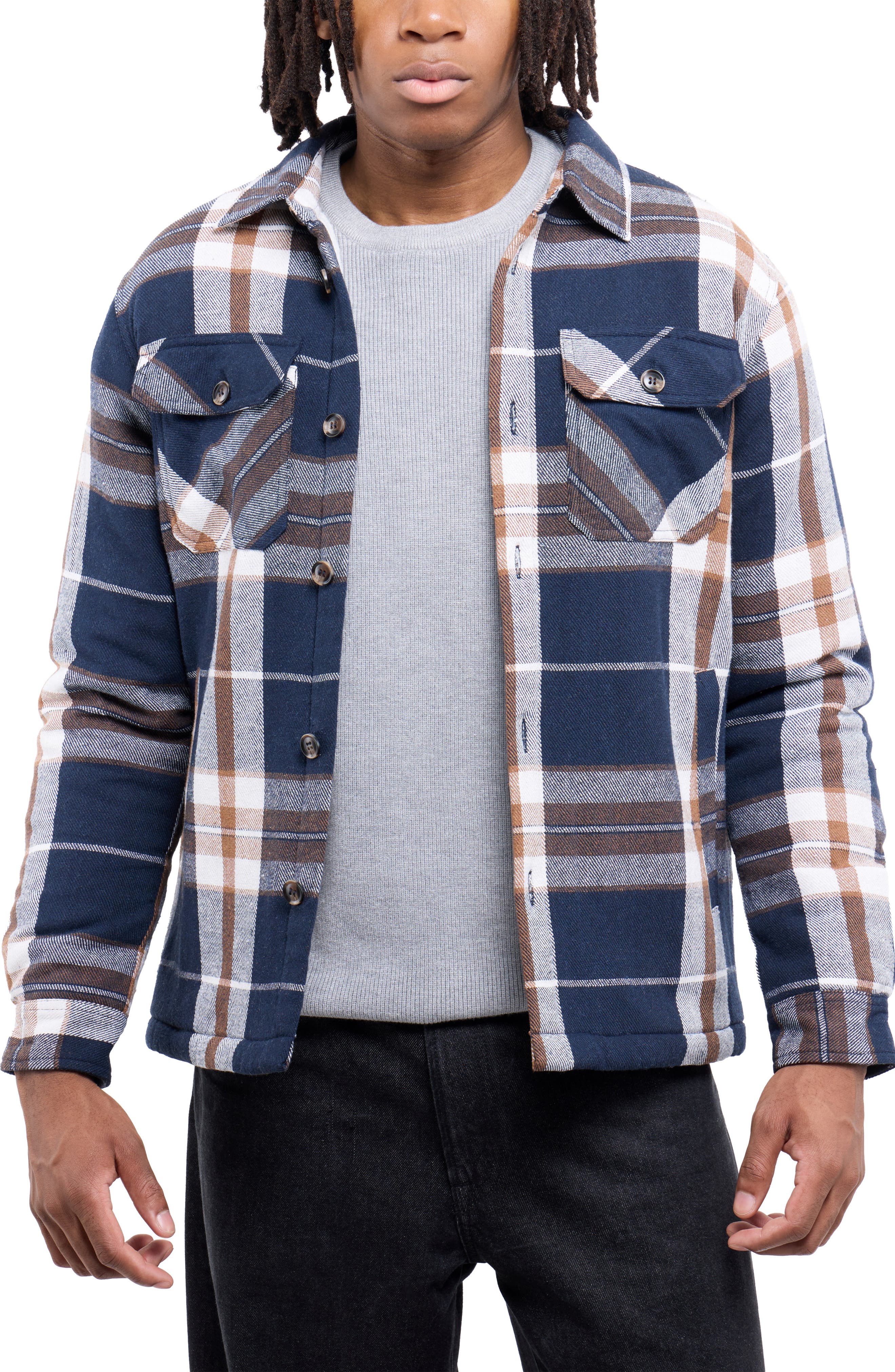 Faux Shearling Lined Flannel Shirt Jacket