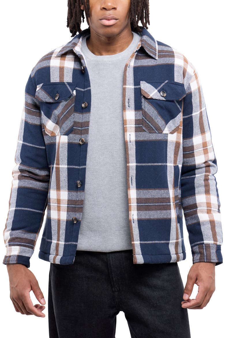Faux Shearling Lined Flannel Shirt Jacket, Main, color, BROWN/ NAVY