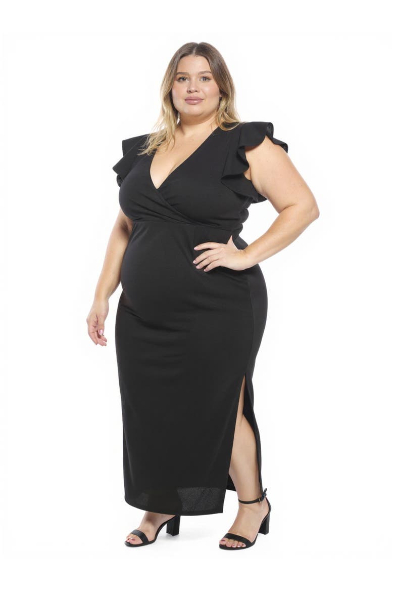 Plus Size Solid V-Neck Tulip Hem Ruffle Sleeve Faux Wrap Maxi Dress, Alternate, color, Black