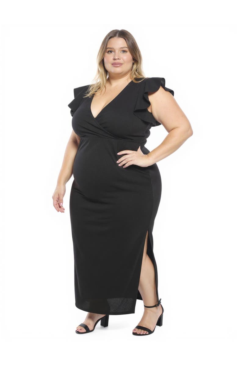 24seven Comfort Apparel Plus Size Solid V-Neck Tulip Hem Ruffle Sleeve Faux Wrap Maxi Dress, Alternate, color, Black