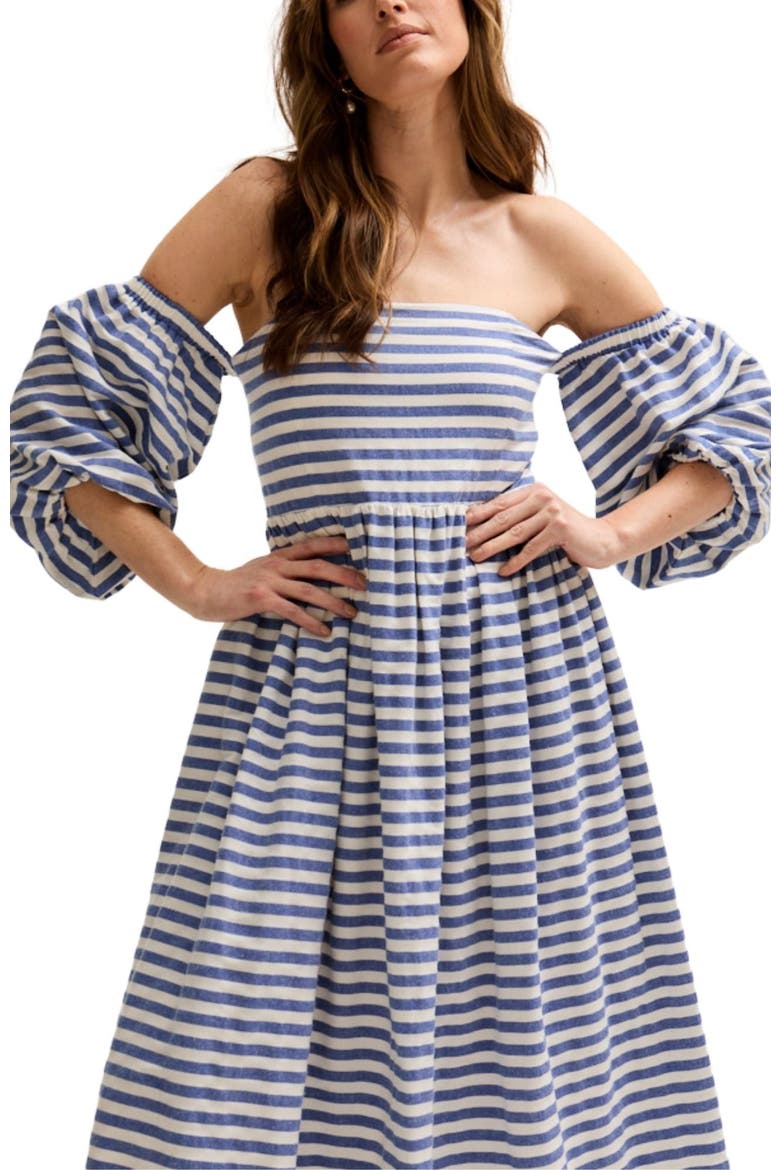 Sara Bardot Neck Midi Dress, Alternate, color, navy