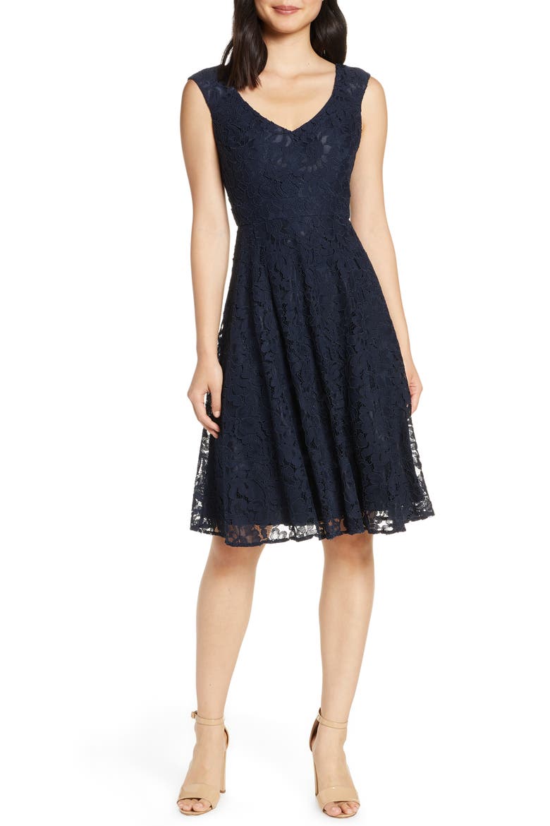 Lace Fit & Flare Dress, Main, color, NAVY