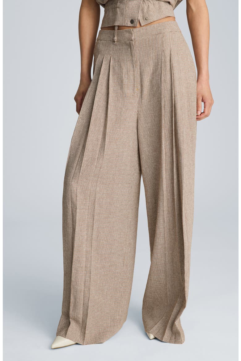 Triple Pleat Wide Leg Linen Blend Pants, Main, color, BRUNETTE/ PURE WHITE