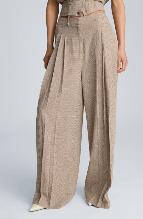 Triple Pleat Wide Leg Linen Blend Pants