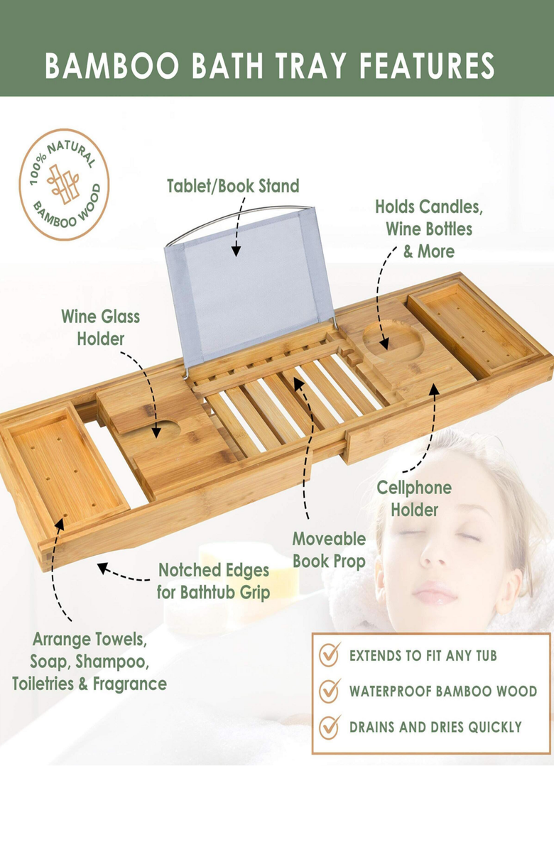 Lovery Premium Eco-Friendly Bathtub Caddy Gift Set, Alternate, color, Light Brown Bamboo