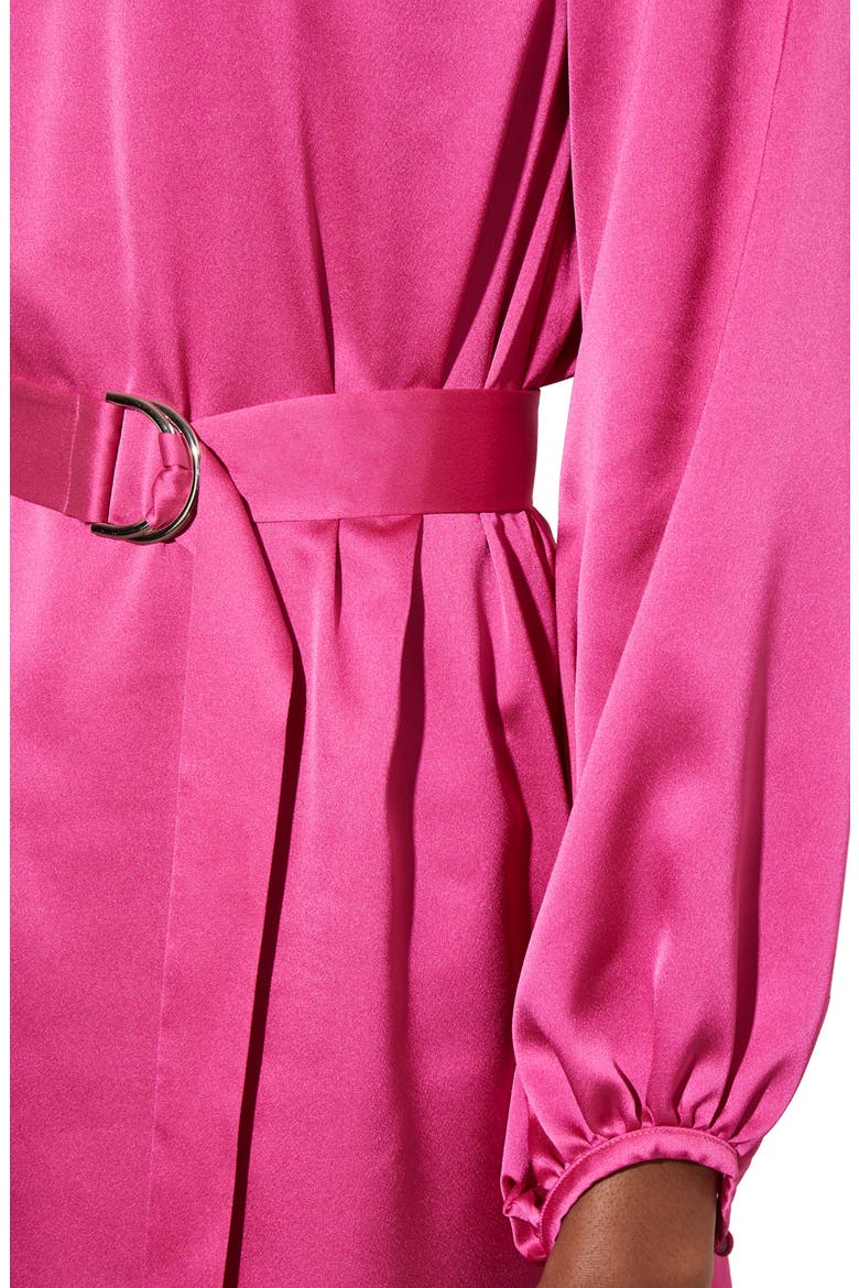 Belted Long Sleeve Satin Minidress, Alternate, color, MULBERRY