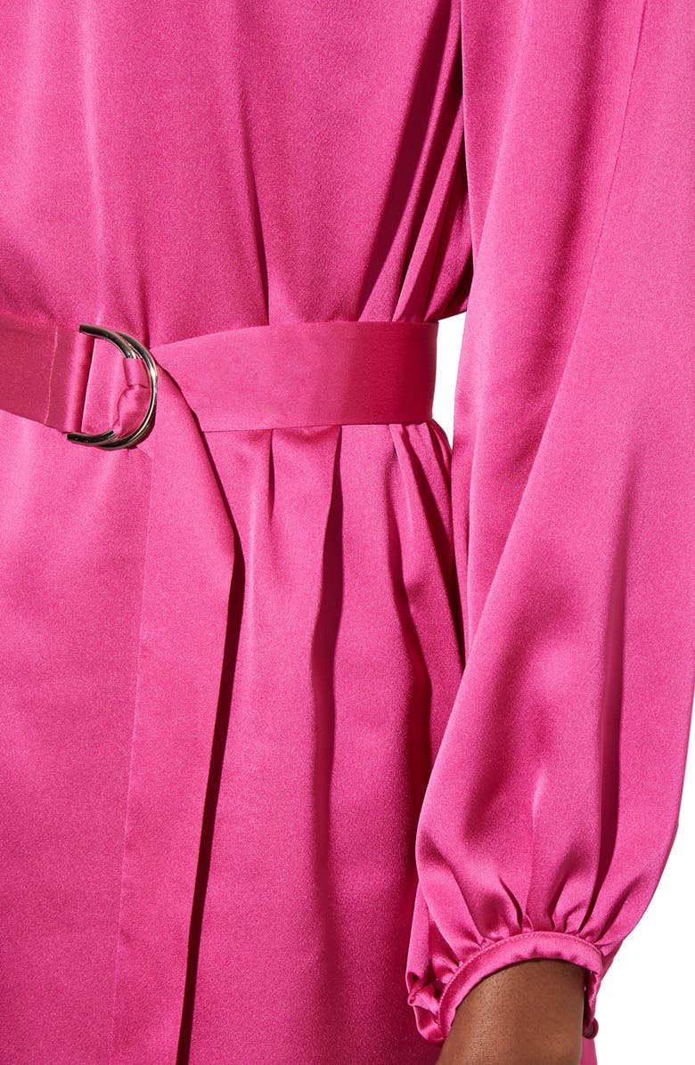 Ming Wang Belted Long Sleeve Satin Minidress, Alternate, color, Mulberry