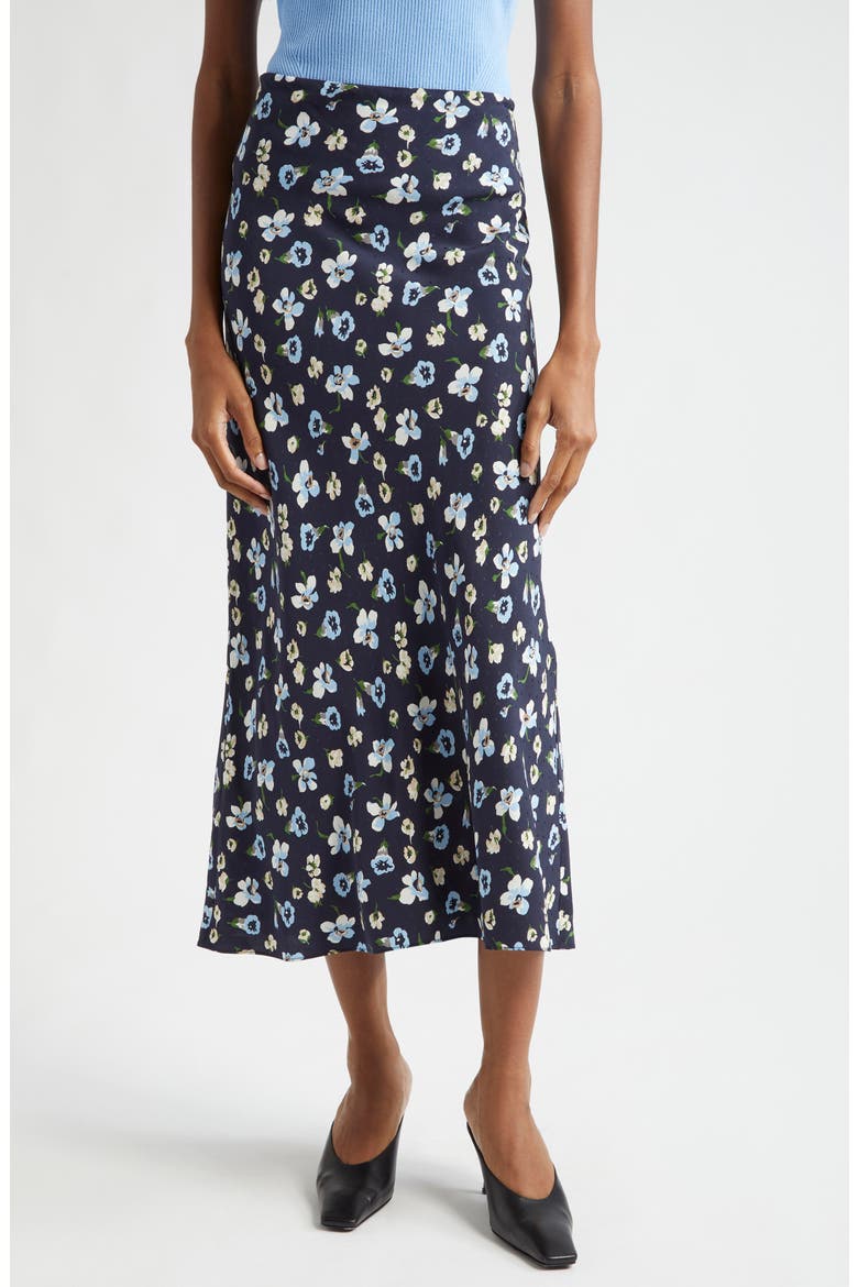 Clover Floral Silk Blend Skirt, Main, color, NAVY MULTI
