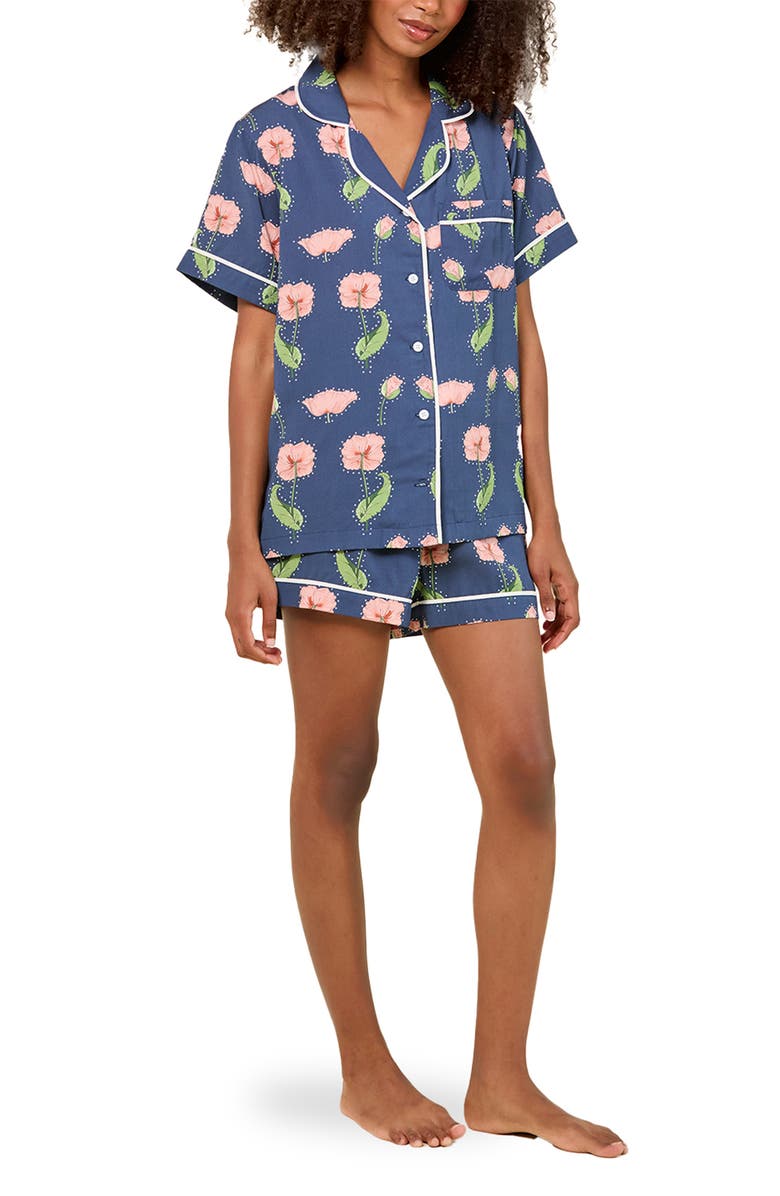 Katie Kime Rhinestone Flower Shorts Set, Main, color, Navy