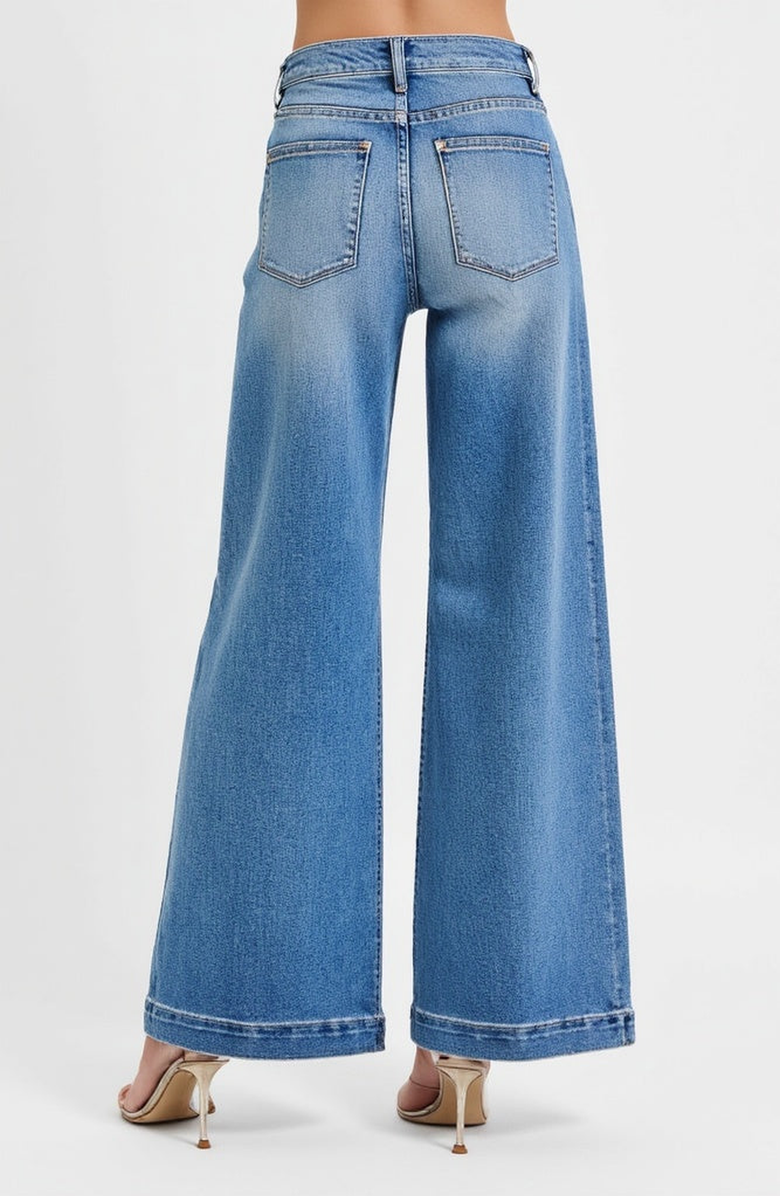 Modenaire High Waist Wide-Leg Jeans with Buttoned Patch Pockets and Rolled Hem, Alternate, color, Light Blue