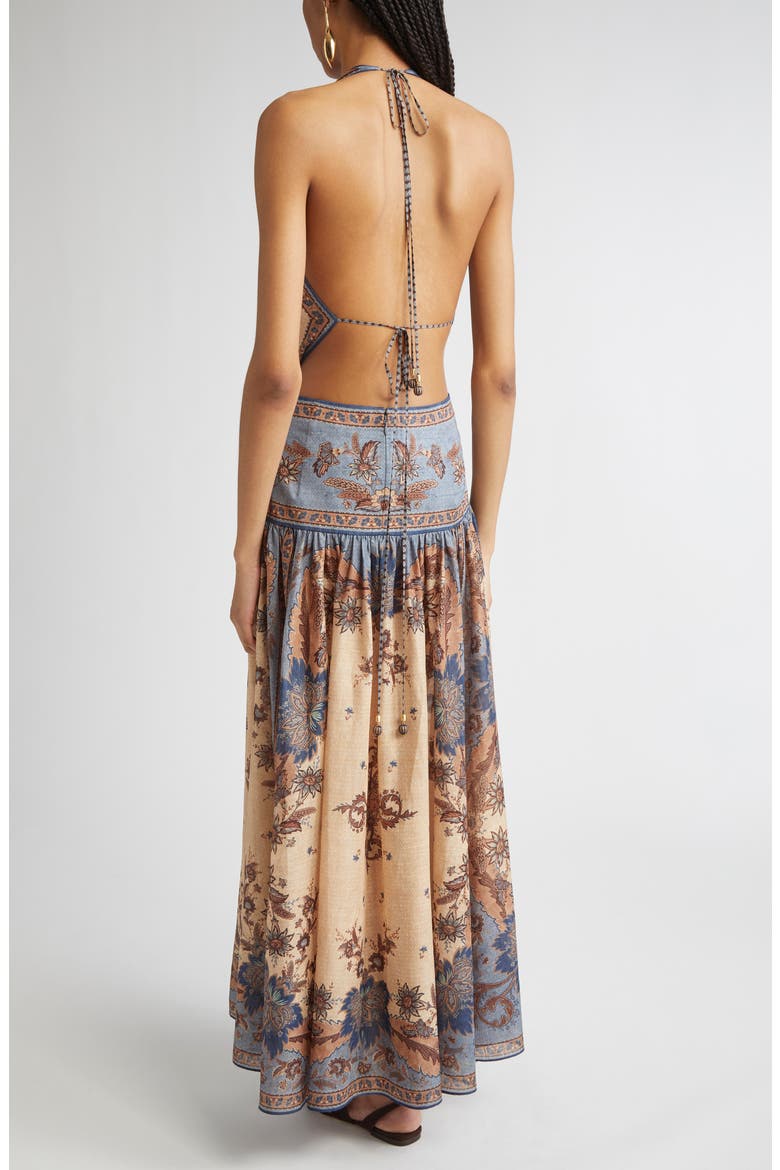 zimmermann cutout paisley-print linen halterneck maxi dress Zimmermann Anneke Cut Out Paisley-Print Linen Maxi Dress Orange Size 0