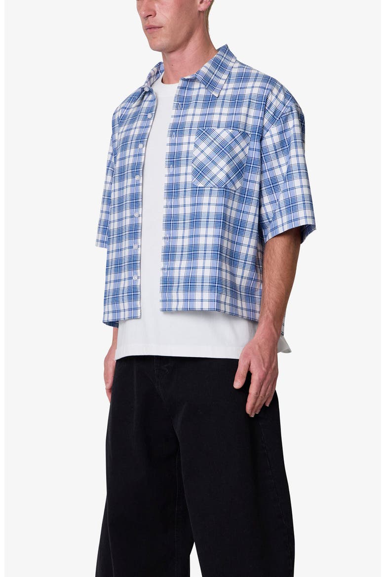 Plaid Crop Short Sleeve Cotton Flannel Button-Up Shirt, Alternate, color, BLUE
