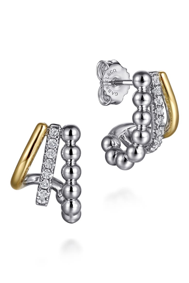 Bujukan Sterling Silver, 14K Gold & White Sapphire J-Hoop Earrings, Main, color, SILVER/ 14K YELLOW GOLD