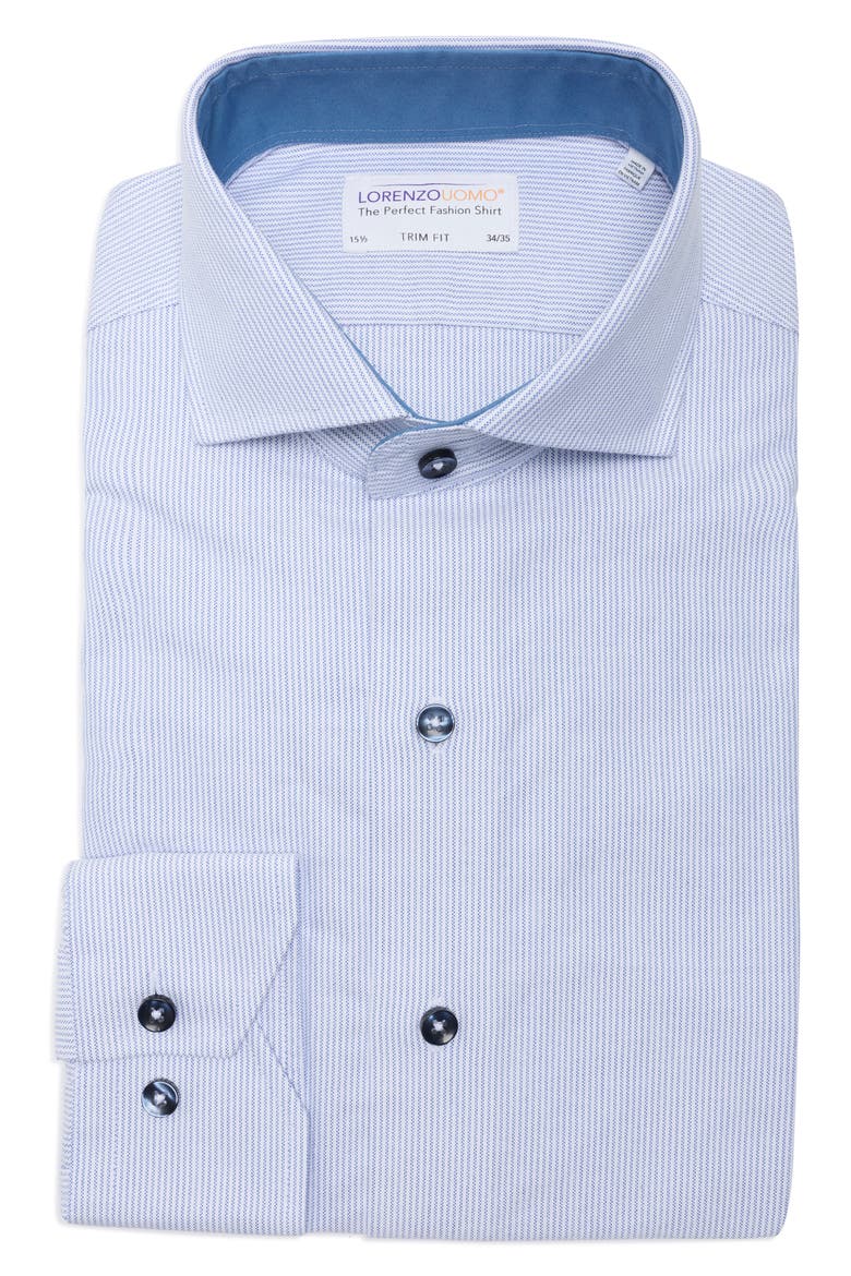 Trim Fit Textured Vertical Stripe Cotton Dress Shirt, Alternate, color, NAVY/ WHITE