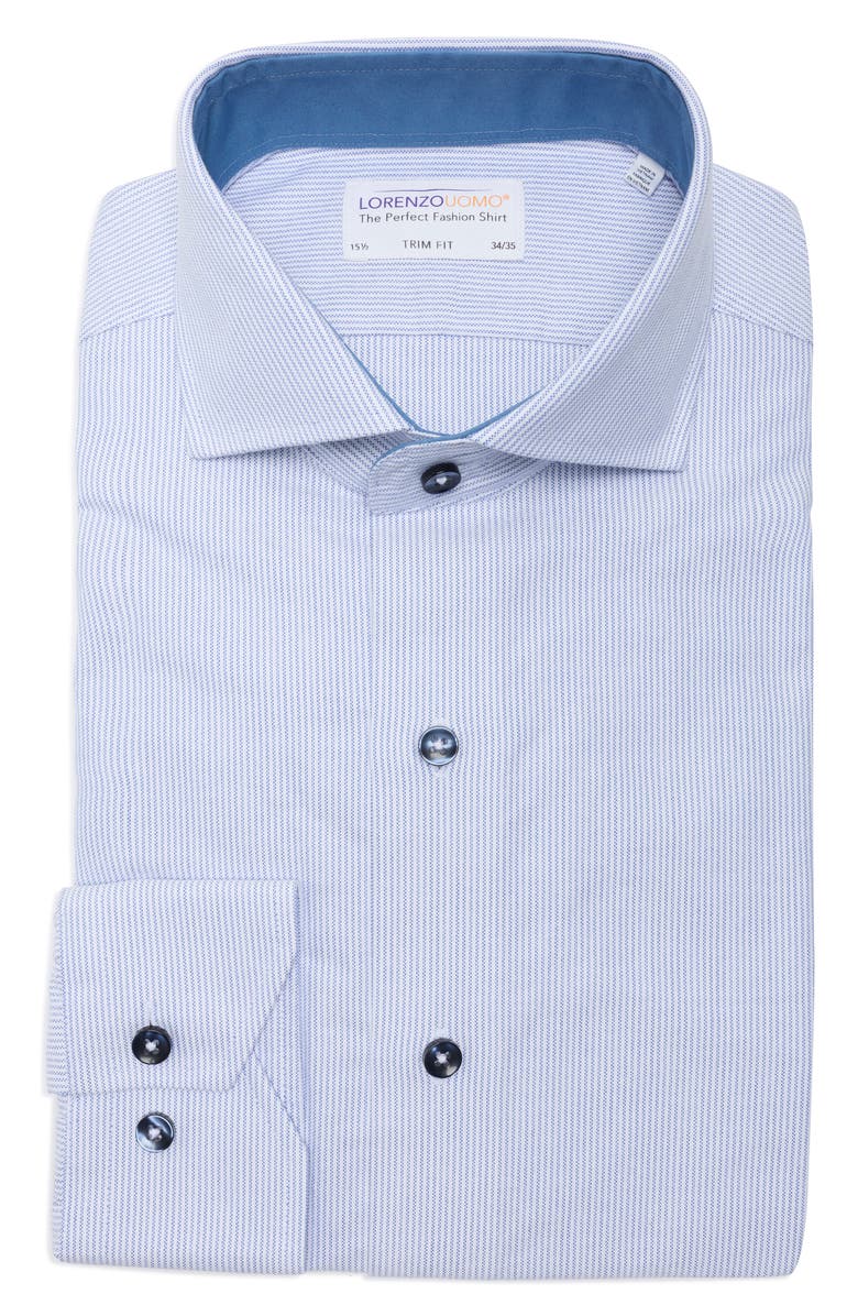 Lorenzo Uomo Trim Fit Textured Vertical Stripe Cotton Dress Shirt, Main, color, Navy/ White