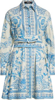 Versace Underwater Barocco Long Sleeve Cotton Poplin Shirtdress