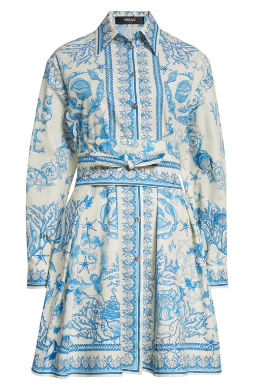 Versace Underwater Barocco Long Sleeve Cotton Poplin Shirtdress In Blue