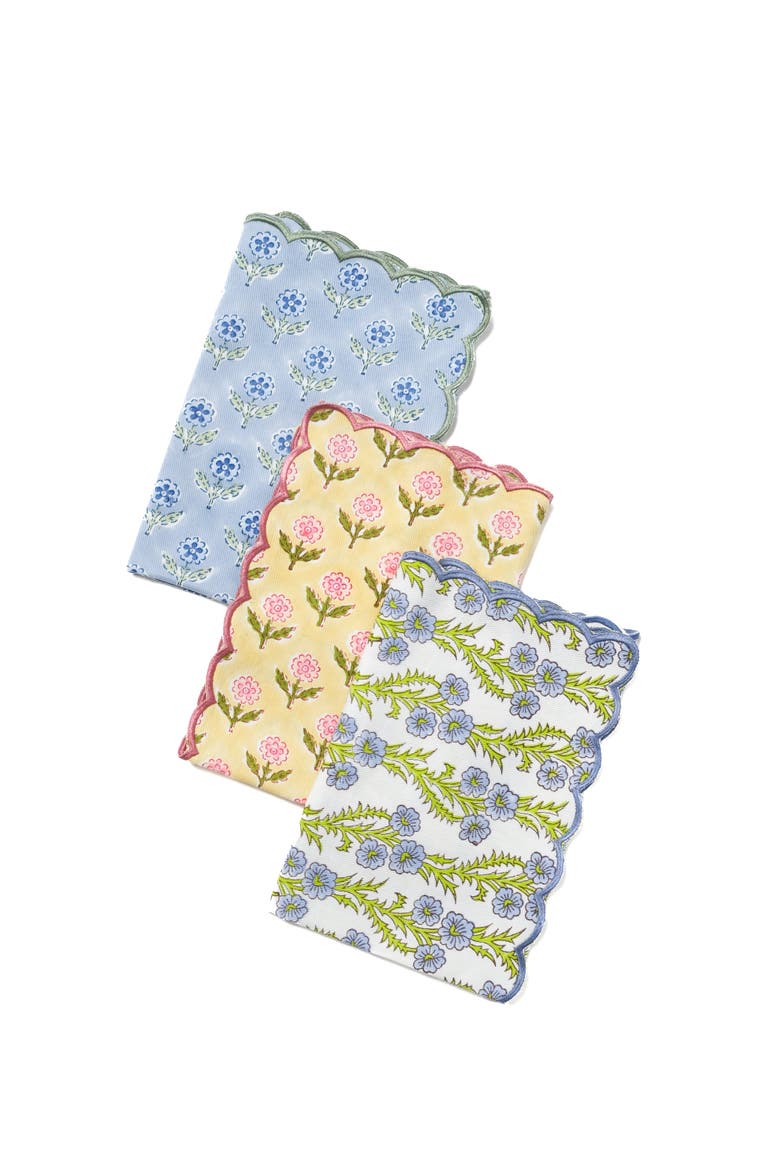 Mona Scallop Embroidered Blockprint Napkins - Set of 4, Alternate, color, Blue