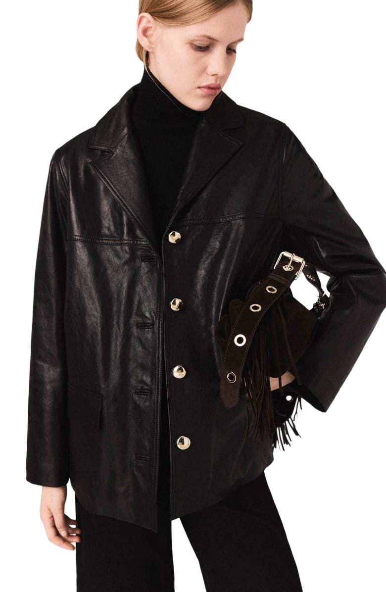 maje Quilted leather jacket, Alternate, color, Black