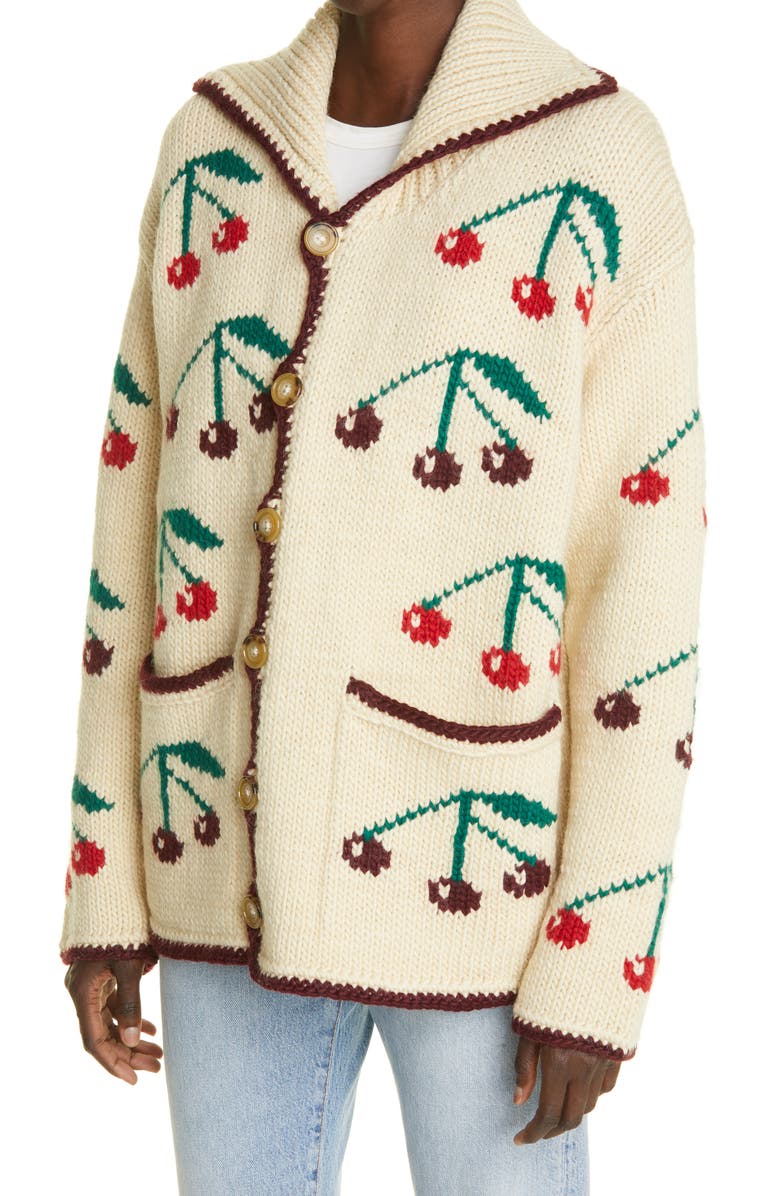 Bode Cherry Intarsia Merino Wool & Mohair Cardigan, Alternate, color, Natural