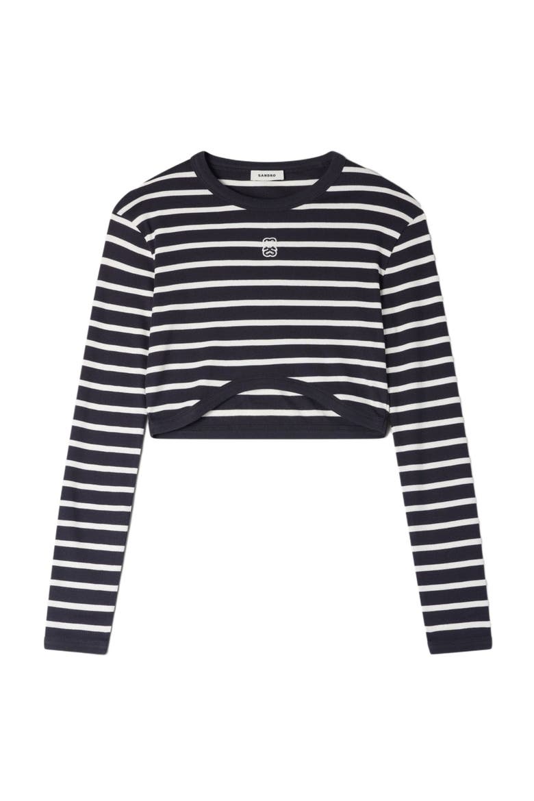 Cropped striped cotton T-shirt, Alternate, color, Marine / blanc