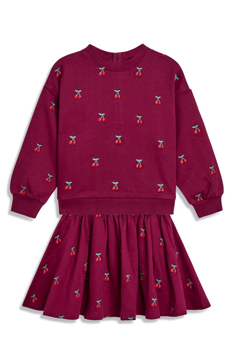 JOJO MAMAN BEBE Kids' Cherry Embroidered Cotton Sweatshirt & Skirt Set, Main, color, Berry