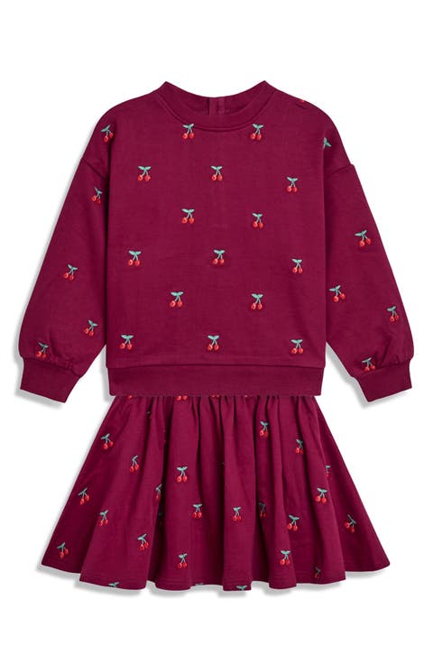 Kids' Cherry Embroidered Cotton Sweatshirt & Skirt Set (Toddler & Little Kid)