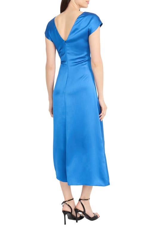 Maggy London Cap Sleeve Ruched Satin Cocktail Dress In Blue