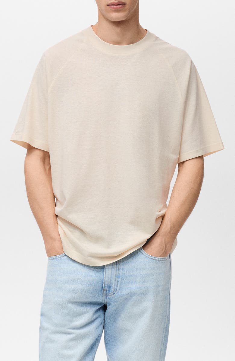 MANGO Oversize Cotton & Linen Crewneck T-Shirt, Main, color, Sand