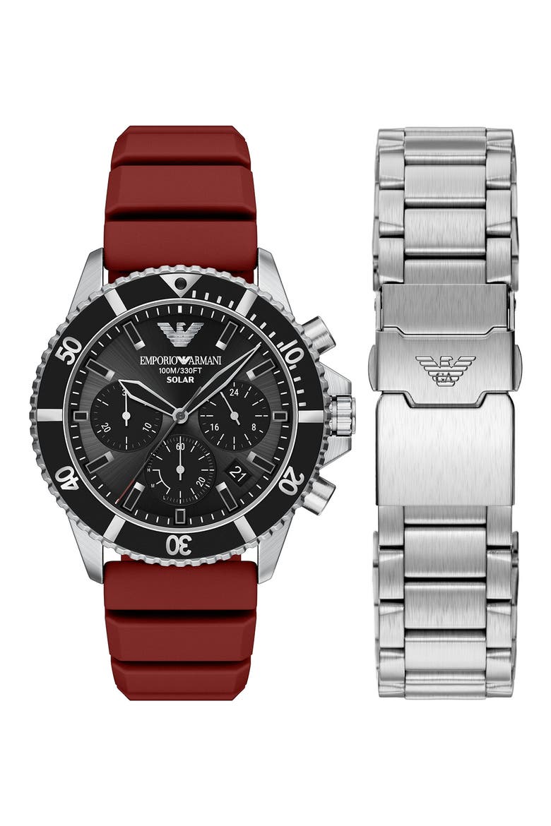 World Explorer Solar Chronograph Bracelet Watch Set, 43mm, Alternate, color, RED/ SILVER