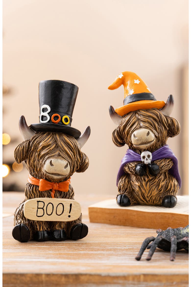 Set of 2 Halloween Resin Skull or Highland Cow Table Decor, Alternate, color, Brown